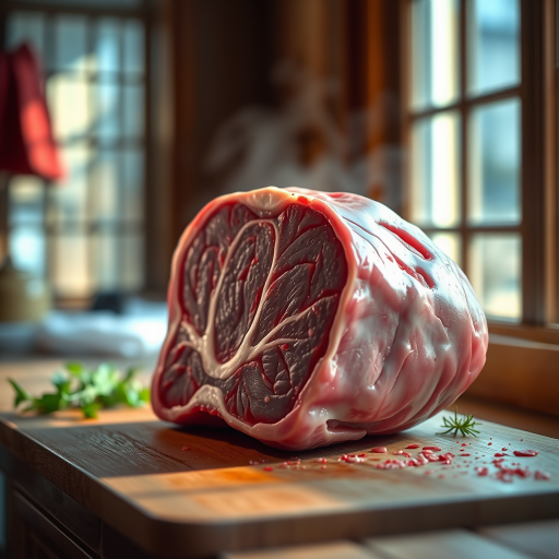 Create a high-resolution illustration of a piece of raw meat, focusing on realistic textures and details, using a DSLR camera with a 50mm lens, aperture set to f/2.8, ISO 100, and natural lighting from a window to enhance color richness and shadows.