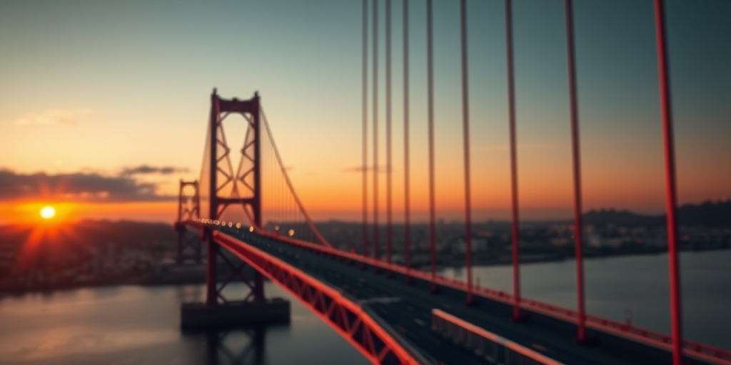 afternoon, sunset, natural lighting, bridge focus, CandiBRIDGE, no humans, from above, negative space, intricately detailed illustration, depth of field, atmospheric perspective, orange theme