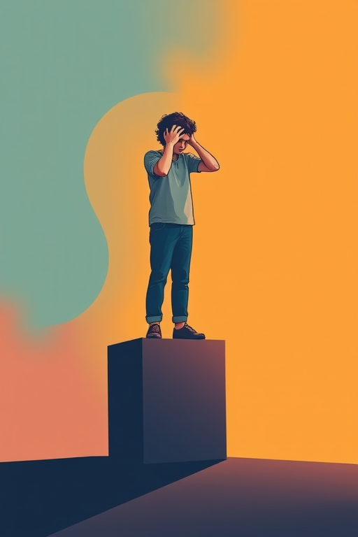 Create an illustration of a person sitting on a block, holding their head in their hands, with an abstract gradient background, using a digital art style; settings: 50mm lens, f/1.8 aperture, 1/125 sec shutter speed, ISO 100, high contrast.