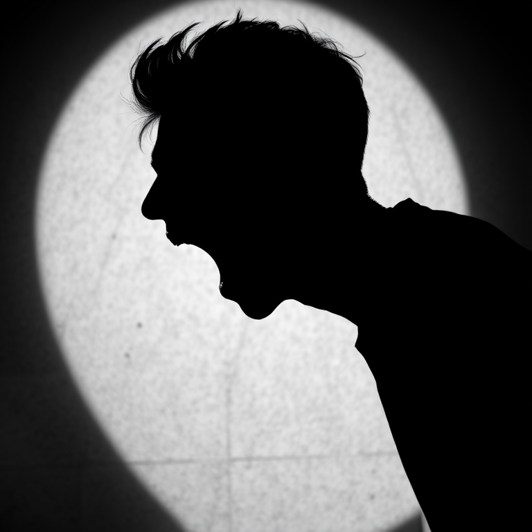 Create a high-resolution black and white silhouette of a person yawning with a textured background, shot from a side profile at a 50mm focal length, aperture f/1.8, ISO 200, using a DSLR camera with soft natural lighting to enhance the details and contrast.