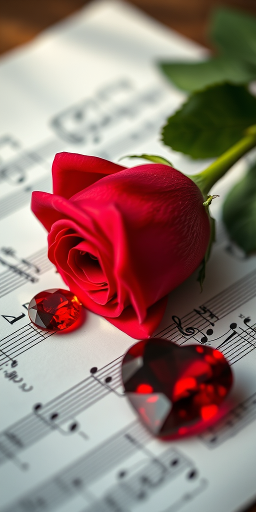 A close-up shot of a red rose placed on a sheet of music with a heart-shaped red gemstone beside it, soft natural lighting, shallow depth of field, using a DSLR camera with a 50mm lens, aperture set at f/2.8, ISO 100, capturing intricate details and vibrant colors.