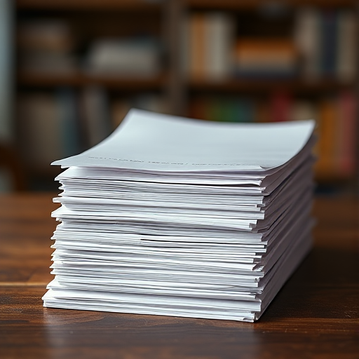 Create a highly detailed digital illustration of a stack of neatly arranged papers with varying sizes, using a shallow depth of field to blur the background, captured with a DSLR camera at f/2.8, ISO 100, and a 50mm lens, ensuring high resolution and vibrant colors for enhanced image quality.