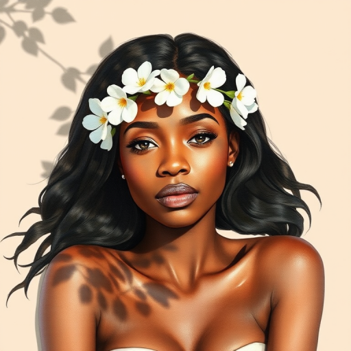 create a watercolor painting of an ethereal portrait of beautiful African American woman with a simple white flower crown on her head. Her hair is long and she is lying on the ground. The sunlight on the trees casts shadows from the leaves on her face and body. The background is a neutral brown color that matches her skin tone. The image is minimalist and solid colors. This style is characterized by soft, delicate brushstrokes and a light, airy, contrasting color palette. High level of detail and play of light