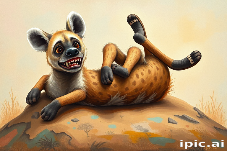 bstract Portrait of a whimsical cheeky Hyena, on an earthy mound, with exaggerated features such as big eyes, scruffy fur and baring it's sharp pointed teeth, playful demeanour, rolling around on its back, legs in air, textured canvas with playful brushstrokes, bright pastel color palette with pops of vibrant hues background, dreamy landscape prompt adapted for different stances of the hyena.