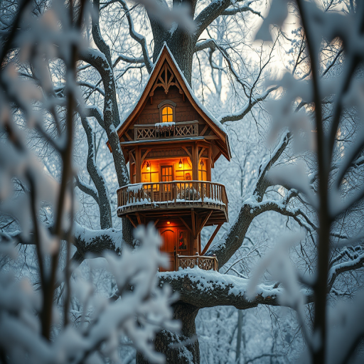 Create a whimsical scene of a treehouse with intricate architecture nestled among snowy trees at dawn, soft focus, with a Canon EOS R5, 35mm lens, f/2.8, ISO 100, shutter speed 1/200 sec, warm golden lighting, and a dreamy atmosphere.