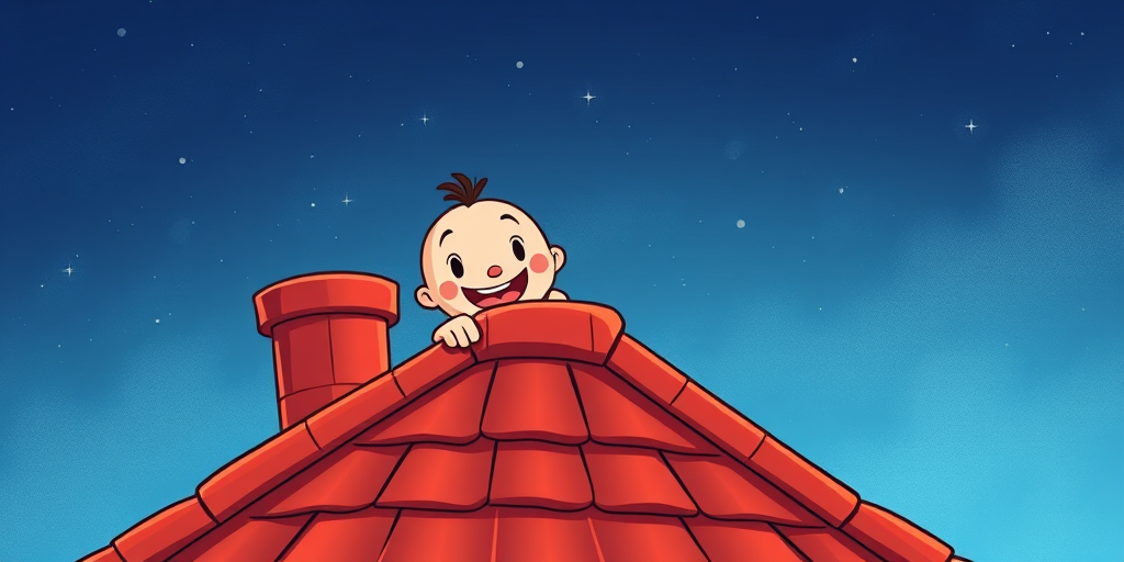Create an illustration of a cheerful cartoon character peeking over a red-tiled roof, holding a chimney, with a nighttime sky in the background, using a DSLR camera at f/8 aperture, ISO 100, 50mm lens, with bright colors and smooth lines for clarity.