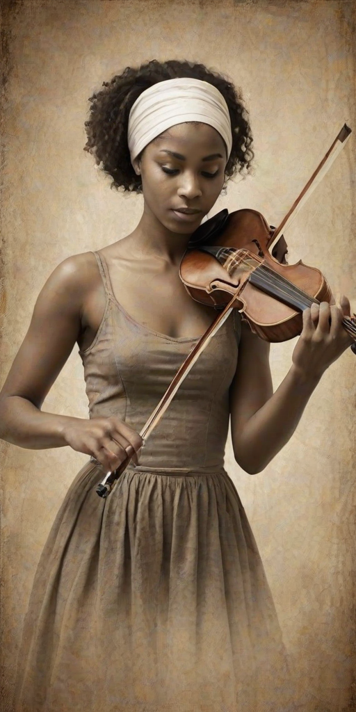 a young African American woman with a white headband playing a violin, in the style of a charcoal drawing, sepia grunge background