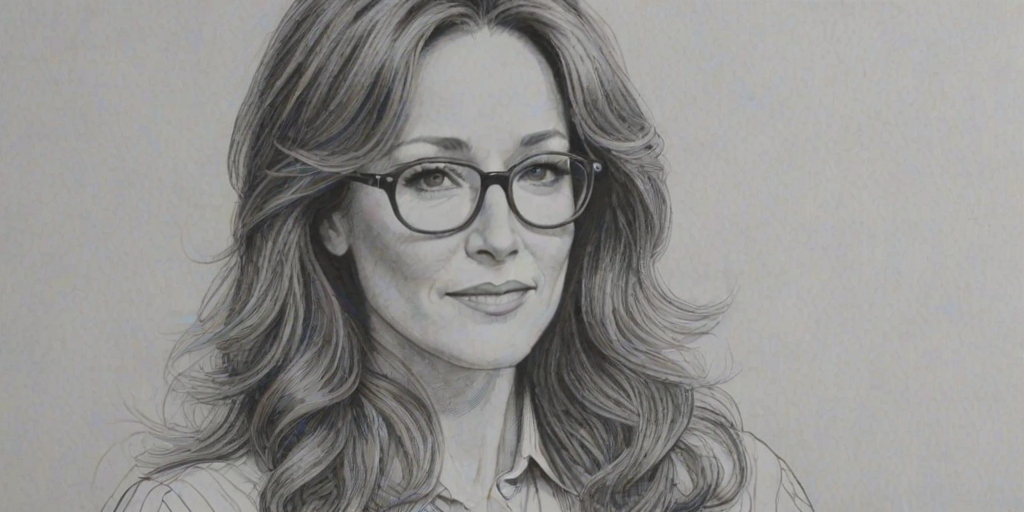 Attractive Mary McDonnell, pencil sketch, portrait of Comely woman 1976s in glasses, hair style beatnik, outline, clear lines, fine lines, 8k