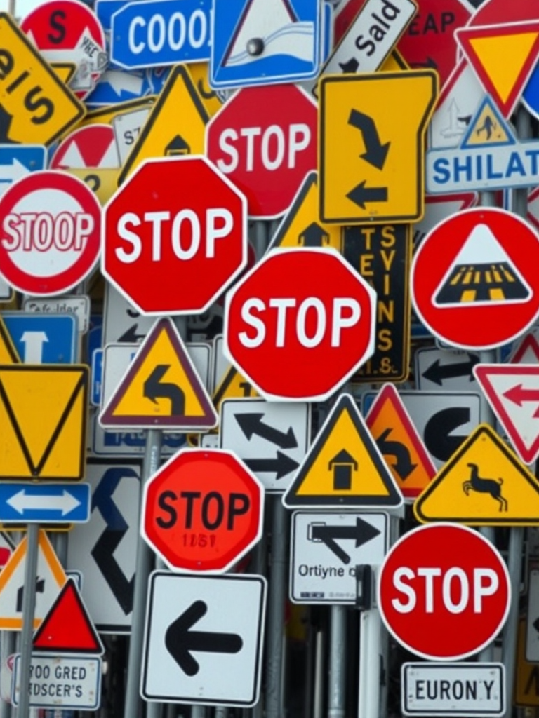 Create an image of a chaotic arrangement of various road signs, including stop signs, yield signs, and directional signs, captured with a DSLR camera, aperture set to f/2.8, ISO 100, at a wide-angle view, using a high-resolution lens for clarity and depth.