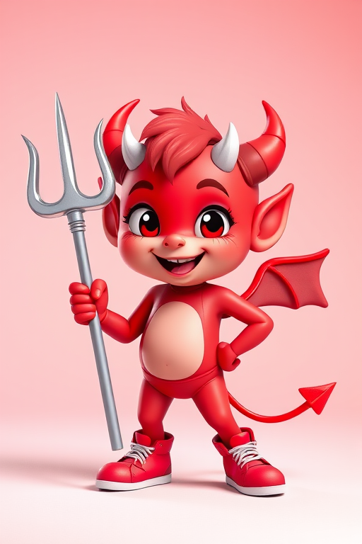 Create a vibrant cartoon image of a cute red devil character holding a silver trident, wearing red sneakers, in a playful pose, with bright colors and a simple background, captured in high resolution using a DSLR camera, 50mm lens, f/2.8 aperture, ISO 100, and soft diffused lighting for enhanced clarity and detail.