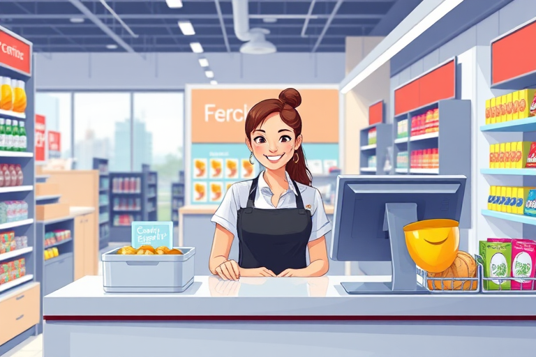 Create a vibrant digital illustration of a cheerful cashier in a modern store setting, standing behind a sleek checkout counter with various products displayed, using a Canon EOS R5 camera, 50mm lens, f/2.8 aperture, ISO 100, in natural light for enhanced brightness and clarity.