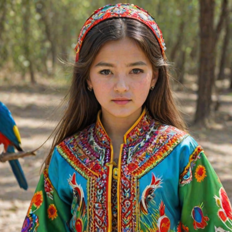 A beautiful Uzbek girl, wearing colorful bird clothing with vibrant colors