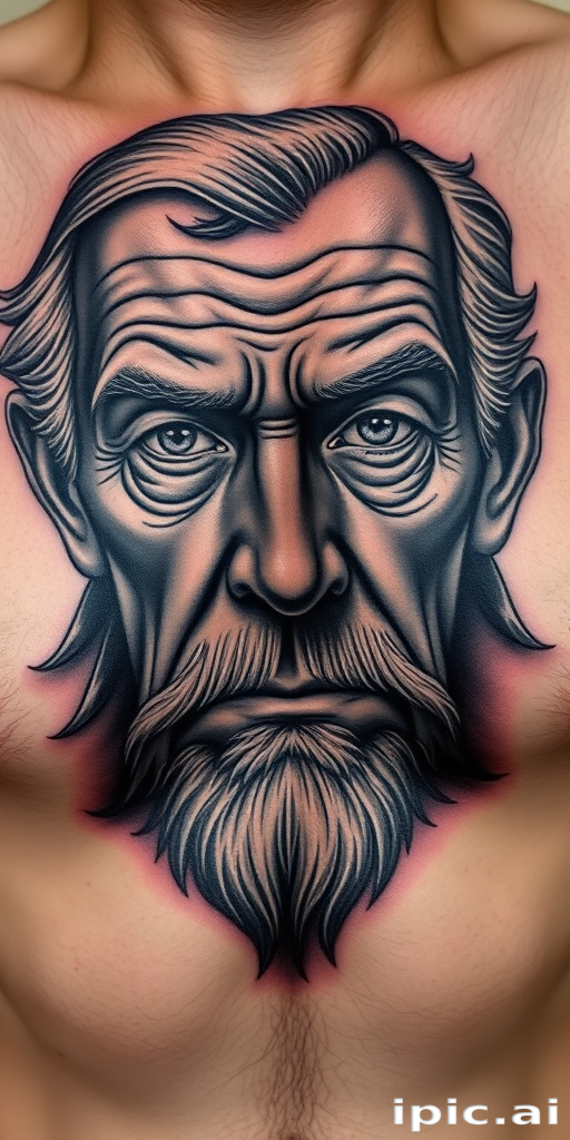 Realistic grayscale portrait tattoo of a wise elderly face with deep wrinkles and piercing eyes, expertly shaded to capture every detail and emotion, placed on the chest as a powerful statement piece