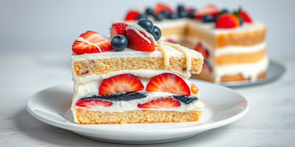 Create an image of a delicious layered dessert featuring a slice of creamy cake with alternating layers of vanilla cream and fresh strawberries and blueberries topped with white chocolate drizzle served on a white plate with the whole dessert in the background.