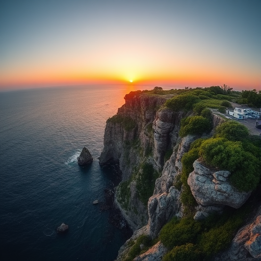 Generate a high-quality image of a rocky cliff with lush green vegetation overlooking a calm sea during sunset, using a Canon EOS R5, aperture f/8, ISO 100, shutter speed 1/200s, with a wide-angle lens and a drone view for a panoramic perspective.