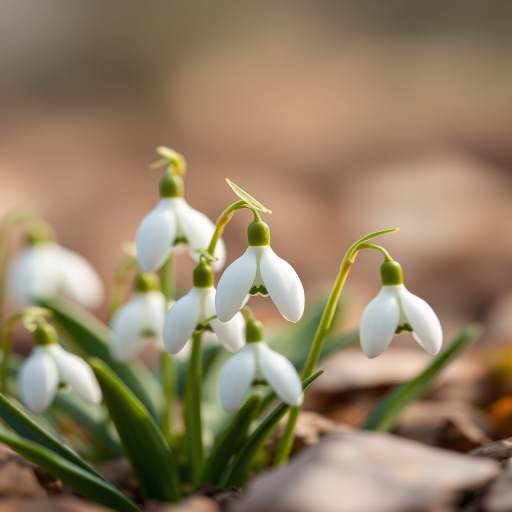 snowdrop flowers in a soft-focus background, macro photography, aperture f/2.8, shutter speed 1/250s, ISO 100, natural light, DSLR camera, close-up shot