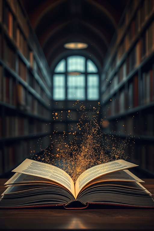 A magical open book emitting swirling golden dust and sparks in a dimly lit library filled with bookshelves in the background, shot with a Canon EOS R5 at f/1.8, ISO 200, 1/100 sec, with a wide-angle lens for depth and bokeh effect.