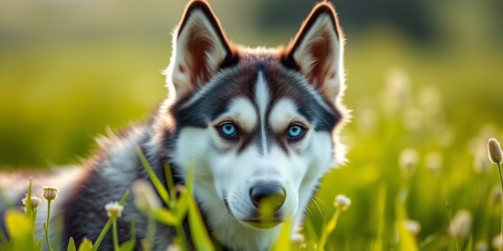 Regenerate an image of a Siberian Husky with striking blue eyes, captured in a vibrant green field, using a DSLR camera with a 50mm lens, aperture set to f/2.8, ISO 100, and a shallow depth of field to enhance sharpness and detail.