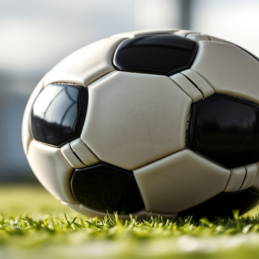 A high-resolution image of a classic black and white soccer ball, shot with a Canon EOS R5 at f/2.8, ISO 100, 1/200 sec, in a close-up view with soft natural lighting to enhance the details and reflections.