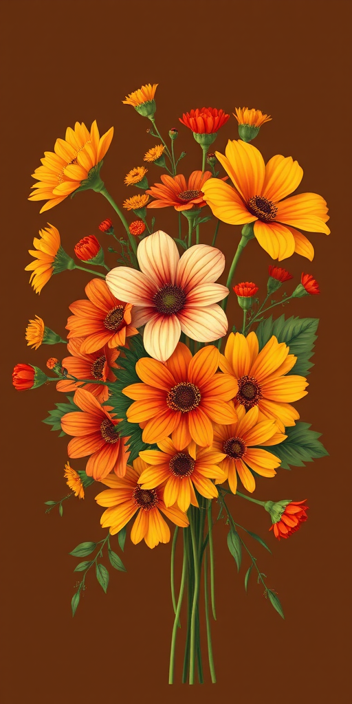 Regenerate an illustration of a bouquet of colorful flowers including orange, yellow, and red blooms on a dark brown background, shot with a DSLR camera at f/2.8 aperture, ISO 100, 50mm lens, natural lighting for vibrant colors and sharp details.