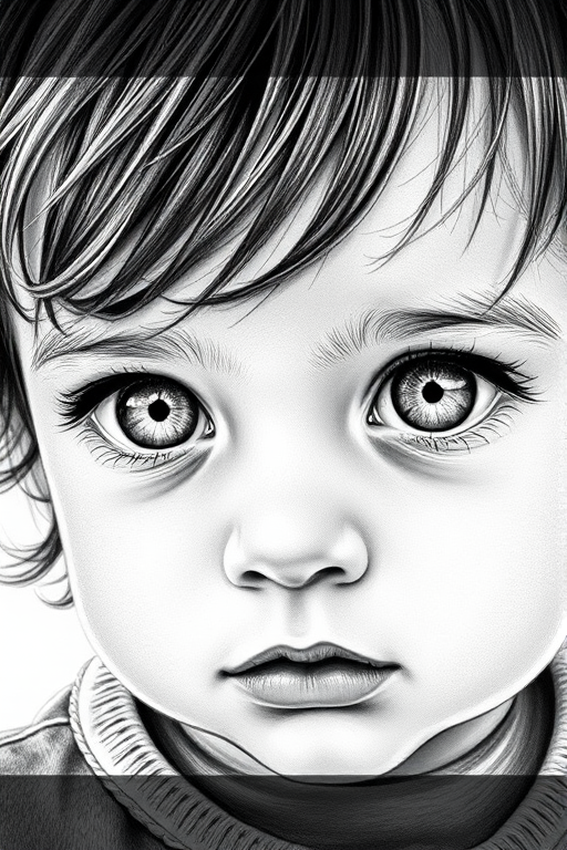 A hyperdetailed photorealistic black and white sketch of a beautiful toddler with deep white eyes, with a macro focus