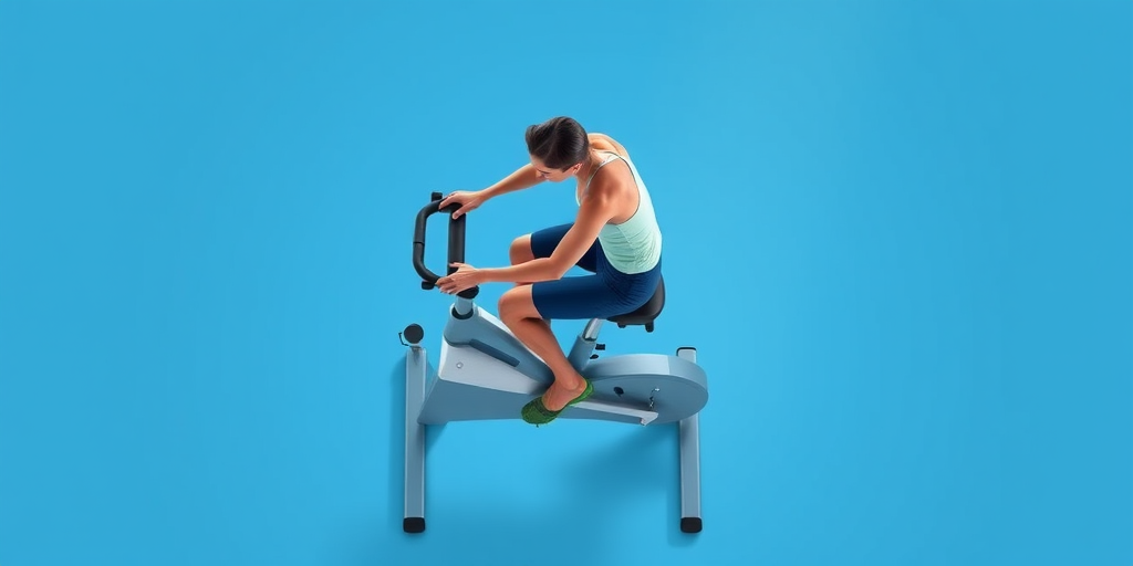 Generate a digital illustration of a person exercising on a stationary bike, with a minimalistic background in solid light blue, using a high-resolution digital camera with a 50mm lens at f/2.8 aperture, studio lighting, and a top-down angle for dynamic perspective.