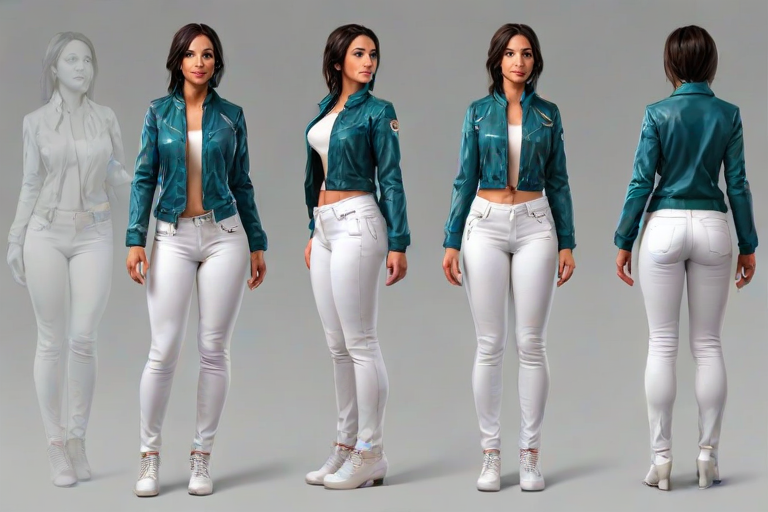 front view, side view, back view, multiple views, reference sheet, full body, Jackie_Tristan,jacket, white pants