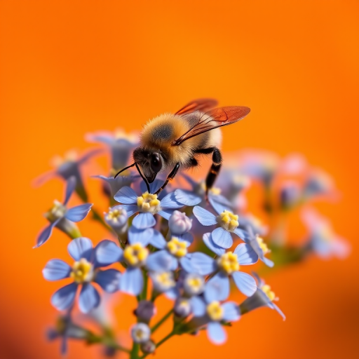 macro shot of a bee on small blue flowers with a vibrant orange background, f/2.8 aperture, 1/400 sec shutter speed, ISO 100, natural light, DSLR camera, shallow depth of field, soft focus on background
