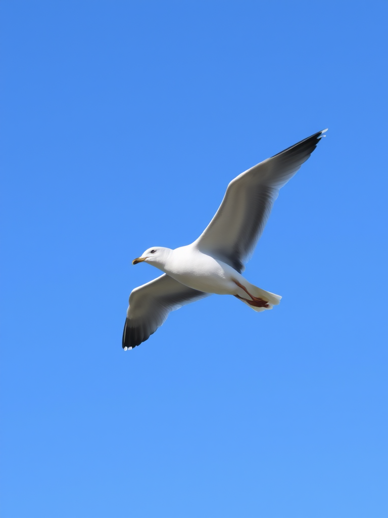 A seagull in mid-flight with outstretched wings and a clear blue sky background.