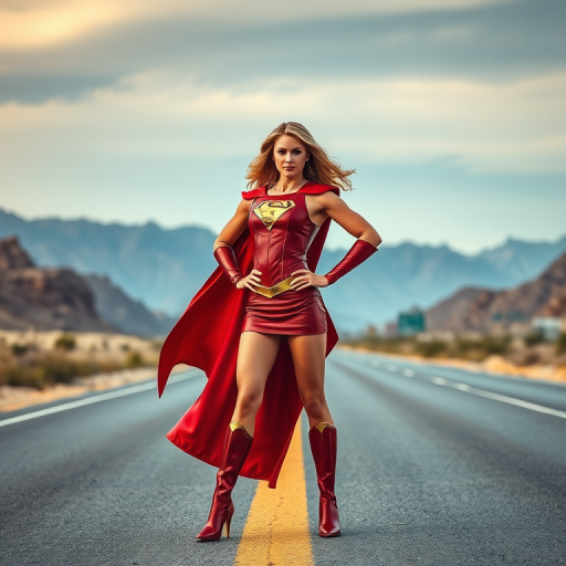 Generate an image of a powerful female superhero in a striking pose, wearing a red and gold costume with a flowing cape, standing confidently on a deserted highway surrounded by mountains, using a DSLR camera with a 50mm lens, f/1.8 aperture, ISO 100, vibrant colors, soft focus background, and dramatic lighting.