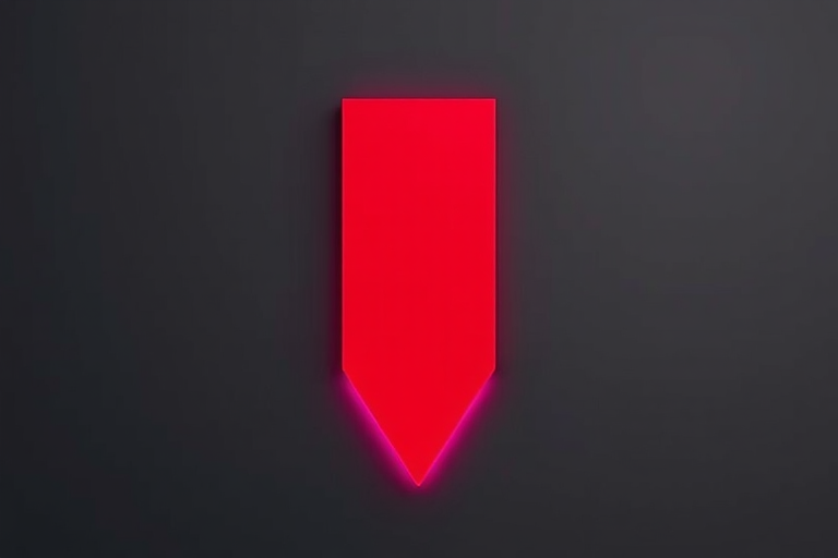Create a high-resolution image of a bold red arrow pointing downward with a pink outline, shot with a Canon EOS R5 at f/2.8 aperture, 50mm lens, and in a flat lay perspective for clarity and detail.