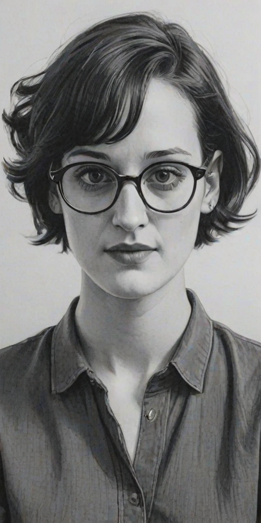 Comely Phoebe Waller-Bridge, pencil sketch, portrait of Pleasing woman 1964s in glasses, hair style beatnik, outline, clear lines, fine lines, 8k