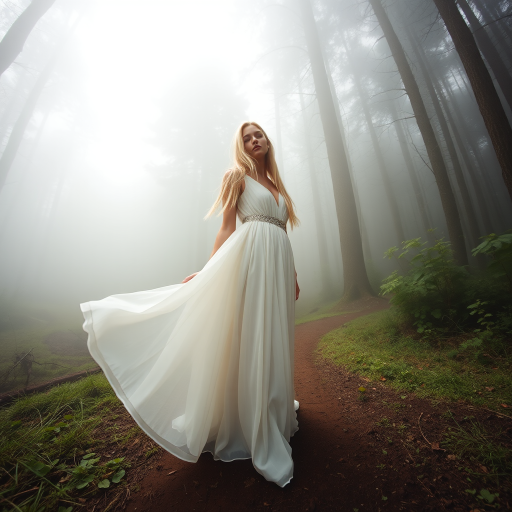 A wide-angle shot of a blonde woman standing on a misty forest path, wearing a flowing white dress. The rich fabric of her skirt billows gently in the wind, while her long blonde hair flows freely in the same breeze. The surrounding forest is enveloped in soft mist, creating a dreamy and ethereal atmosphere. Above her, the sunlight gently breaks through the fog, casting a faint glow over the scene. The woman's serene posture and the soft, natural light create a peaceful and mystical mood.