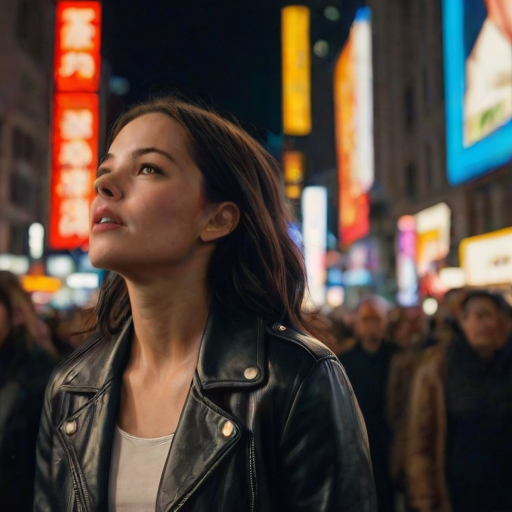 Crowded city square at night, illuminated by towering billboards and neon signs, a woman in a leather jacket stands among the bustling crowd, looking up at the lights with a thoughtful expression.