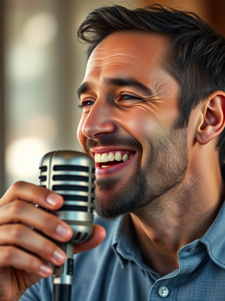 Regenerate an image of a smiling man speaking into a vintage microphone, using a Canon EOS 5D Mark IV camera, 50mm lens, f/1.8 aperture, ISO 100, natural lighting, focus on the subject with a soft bokeh background.