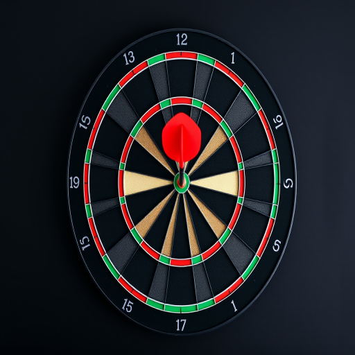 Create a high-resolution image of a standard dartboard with a black background, using a DSLR camera with a 50mm lens, aperture set to f/2.8, ISO 100, and a shutter speed of 1/60 sec, shot from a straight-on view to emphasize the symmetry and detail of the dartboard.