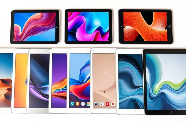 Generate a high-resolution image of various tablet designs arranged side by side, using a Canon EOS R5 with a 50mm f/1.2 lens, aperture set to f/8, ISO 100, shot at eye level in natural light to enhance details and colors.