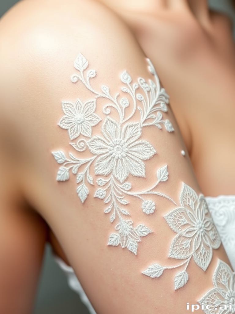 Ethereal white ink tattoo showcasing delicate lace patterns and intricate floral designs, visible as a subtle raised texture on the skin for a elegant and understated look
