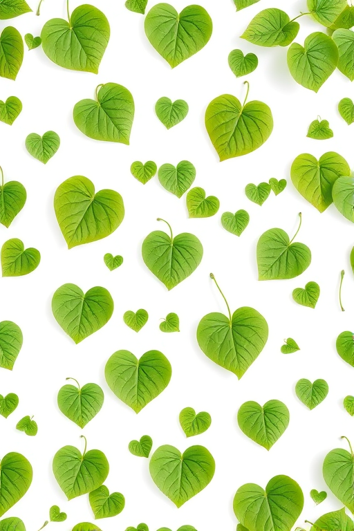 Regenerate a seamless repeating pattern of green leaves and heart-shaped foliage on a white background, using a Canon EOS R5 camera with a 50mm f/1.8 lens, aperture set to f/5.6, shot from a top-down view, employing natural soft lighting for a bright and vibrant appearance.