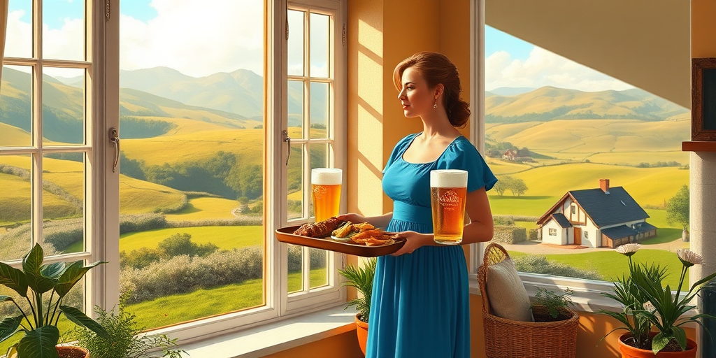 In "A Glass of Beer on the Highland," a serene scene is depicted in a sunlit room where a woman in a vibrant blue dress stands by a large window. She holds a tray with a hearty meal and a frothy glass of beer, embodying a moment of relaxation. Outside, the breathtaking highland landscape features rolling green hills and a charming traditional house, all bathed in warm afternoon light. The interior is adorned with potted plants, creating a harmonious blend of comfort and nature. The painting beautifully captures the tranquility and joy found in simple pleasures amidst stunning scenery
