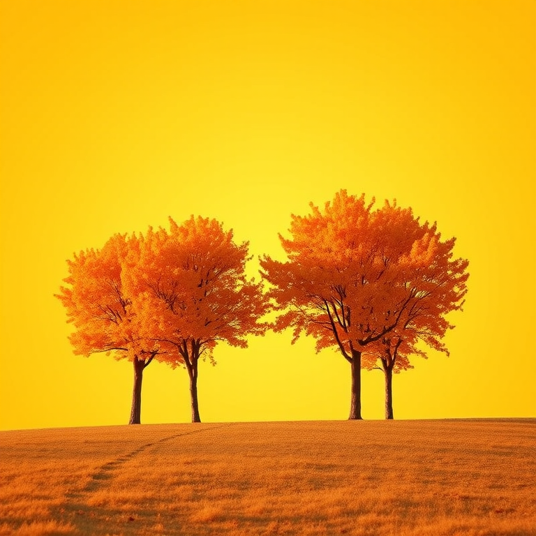 Generate a vibrant autumn landscape with four stylized orange trees against a yellow backdrop, featuring a soft gradient for the sky, using a DSLR camera with a 50mm lens, f/1.8 aperture, ISO 100, shot at golden hour for enhanced warm tones and clarity.