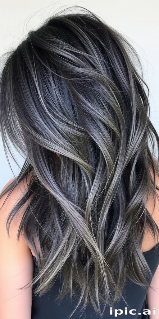 Smoky charcoal grey hair forms the base of the edgy "Storm Cloud" style. The long, layered cut features wispy, feathered ends that create movement and texture. Silver and white highlights throughout mimic flashes of lightning, while the overall look is styled in tousled, windswept waves for a dramatic, weather-inspired effect.