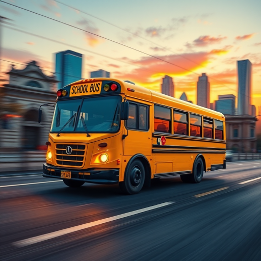 Create an illustration of a vibrant yellow school bus speeding down a city road at sunset, with motion blur to emphasize speed, shot with a DSLR camera at f/8, 1/500s, ISO 200, with a wide-angle lens to capture the city skyline in the background.