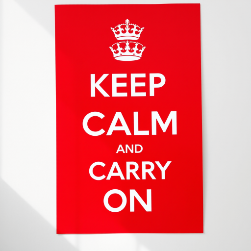Create a minimalist poster with a bold red background featuring the text KEEP CALM AND CARRY ON in large white font, adding a simple crown graphic at the top, using a DSLR camera with a 50mm lens, f/2.8 aperture, ISO 100, and soft natural lighting for enhanced clarity and detail.