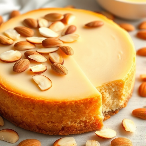 Create an image of a delicious cheesecake with a golden brown crust topped with sliced almonds. The cheesecake should have a creamy texture and a few almond slices scattered around it. The scene should be well-lit, highlighting the textures and colors of the dessert, giving it an inviting and appetizing appearance.