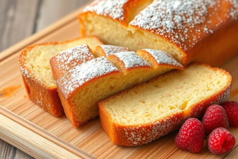 A freshly baked loaf of golden cake sliced into thick pieces with a smooth texture sprinkled with powdered sugar alongside fresh raspberries on a wooden cutting board.