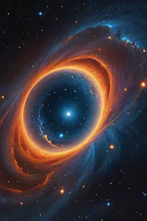 generate a vibrant cosmic scene featuring a central blue void surrounded by swirling clouds of orange and dark blue, with twinkling stars and a comet streaking through the space