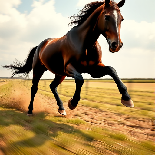 A dynamic illustration of a galloping horse captured from a low angle, with a shallow depth of field to create a soft background, using a DSLR camera at f/2.8, ISO 200, and a shutter speed of 1/1000 sec for high clarity and detail.