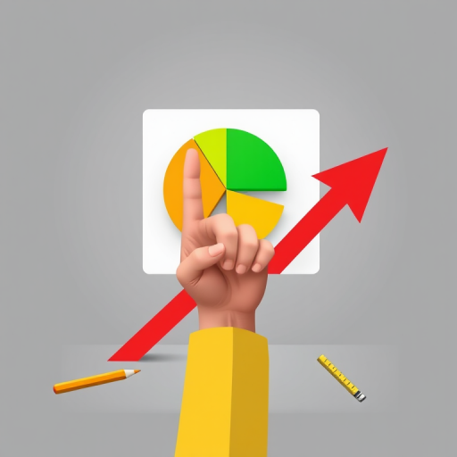Create a vector illustration featuring a hand pointing at a red upward arrow, with a green and yellow pie chart in the background, a pencil, and a ruler nearby, in a minimalist style with a soft gray background, using a Canon EOS R5 camera, with a focal length of 50mm, aperture set to f/8, and a soft diffused lighting setup to enhance colors and clarity.