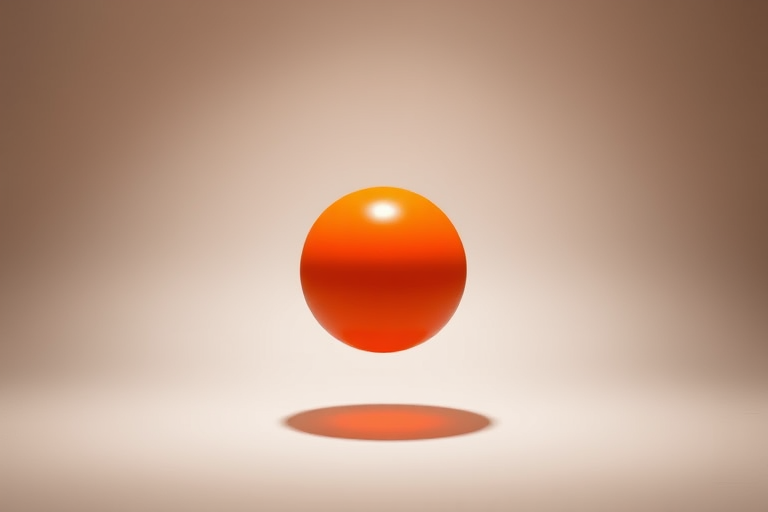 Generate a smooth, reflective orange sphere positioned slightly off-center with a soft shadow underneath, captured with a Canon EOS R5 at f/8, ISO 100, 1/200 sec, using a standard 50mm lens from an eye-level angle in a well-lit studio setting.